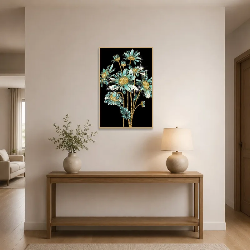 Entrance hall adorned with an elegant floral gemstone piece welcoming guests.
