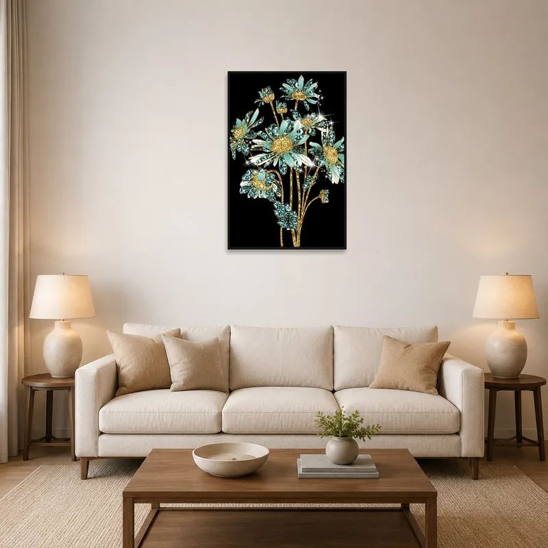Luxurious floral artwork with gem accents on a living room wall above a chic sofa.