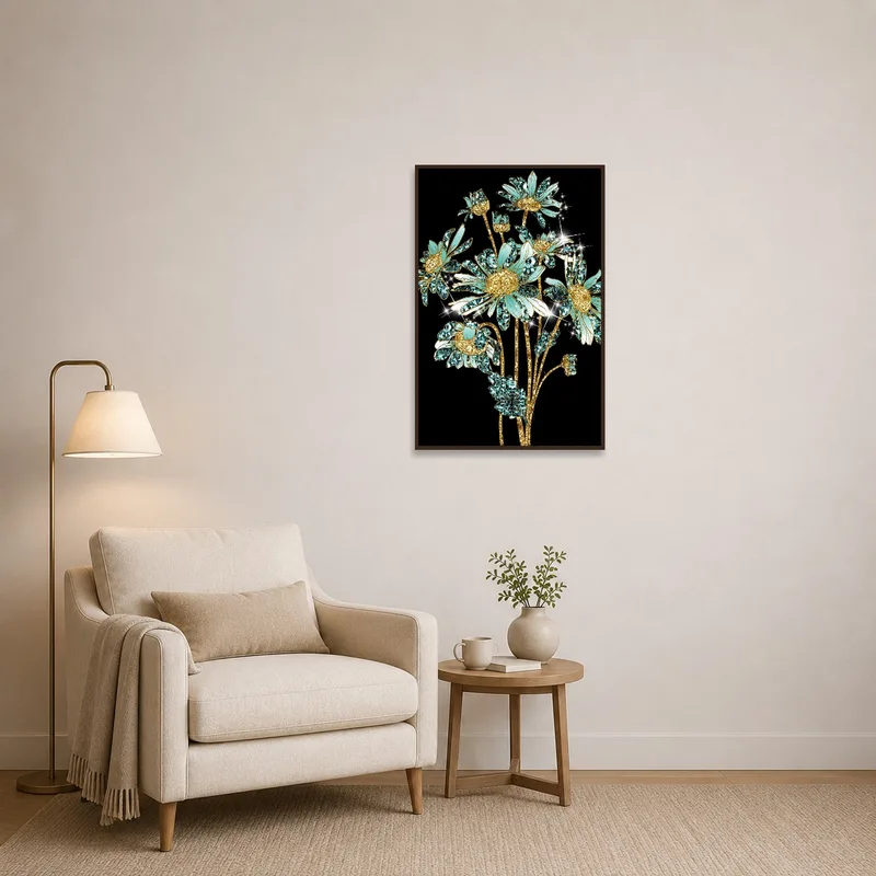 Cozy reading corner featuring floral art with gem details for a calming ambiance.
