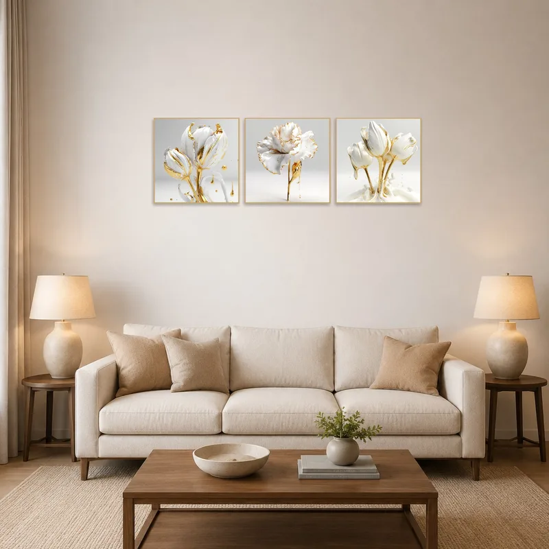 A metallic floral artwork adding a touch of elegance to the living room wall.