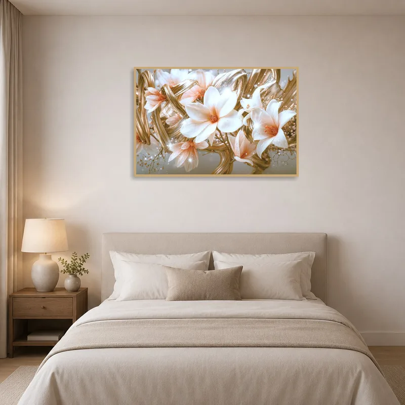 Floral elegance with gold tones enhances a serene bedroom ambiance.