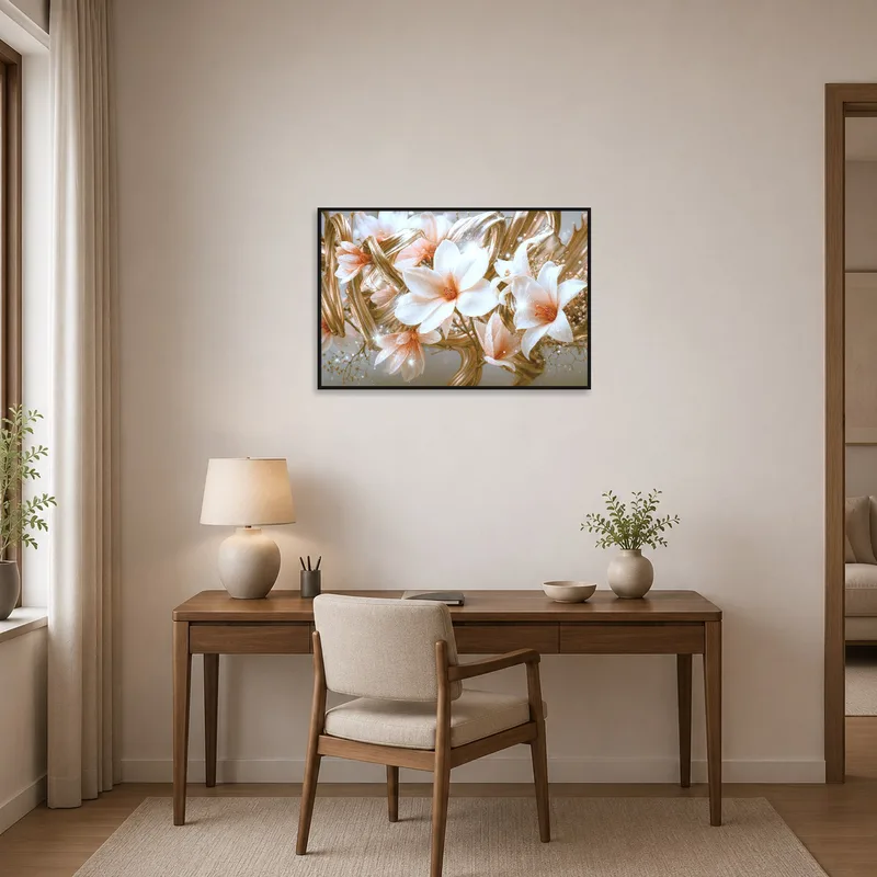 Sophisticated floral art uplifts the mood in a stylish home office.