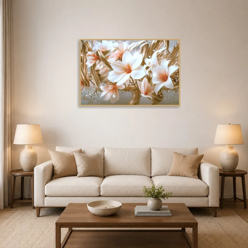 Floral art with gold accents adds sophistication to a chic living room.