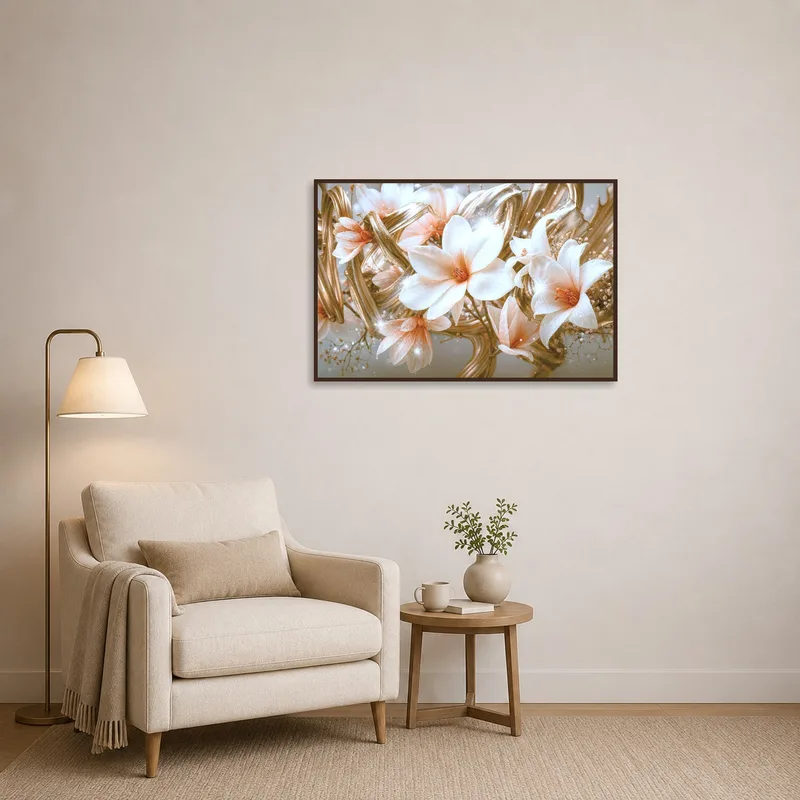 Luxurious floral artwork enriches a cozy reading corner.