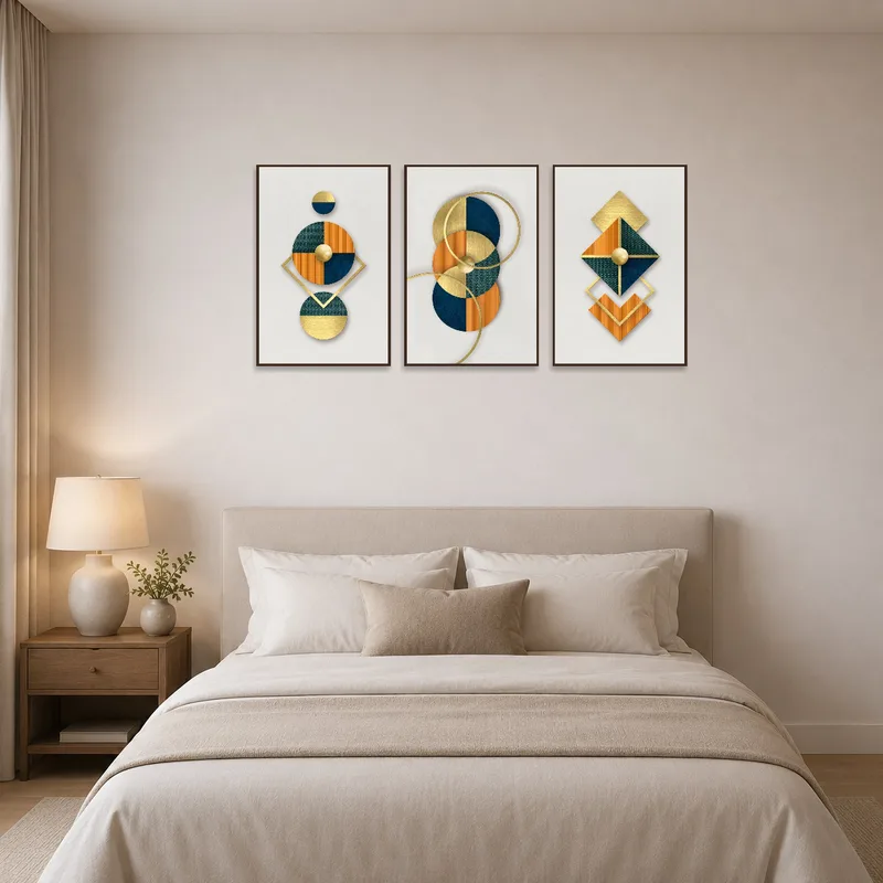 Triptych geometric set hangs above a bed with elegant linens.