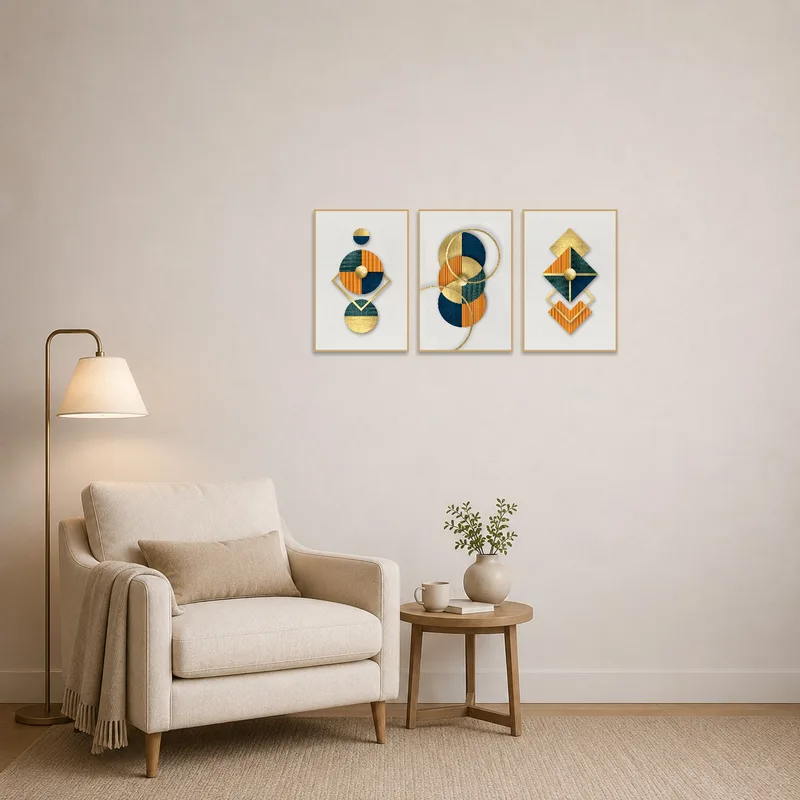 Geometric artwork set adds elegance to a cozy reading corner.