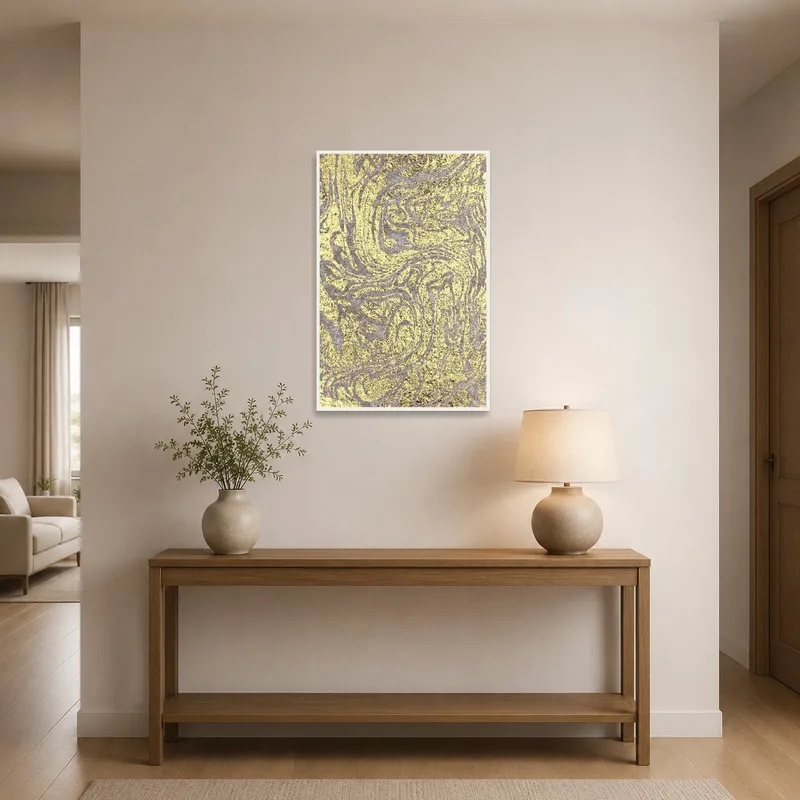 Eye-catching gold and beige abstract art greets guests in the entrance hall.