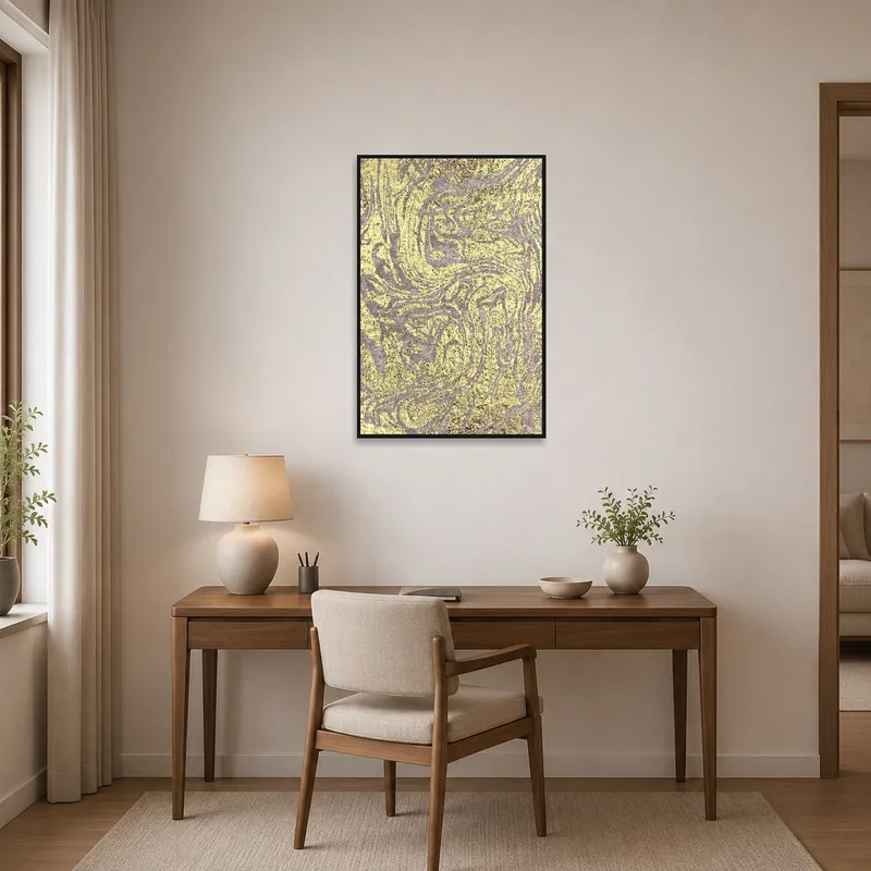 Sophisticated gold and beige abstract art elevates the ambiance of the home office.