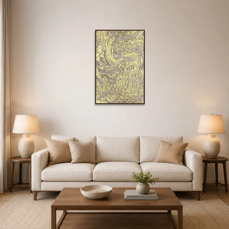A luxurious gold and beige abstract art piece enhances the sophistication of the living room.