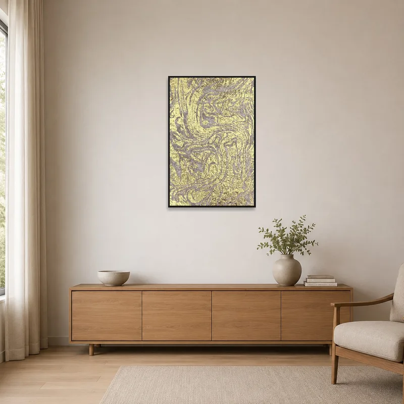 Gold and beige abstract art adds subtle elegance to a minimalist space.