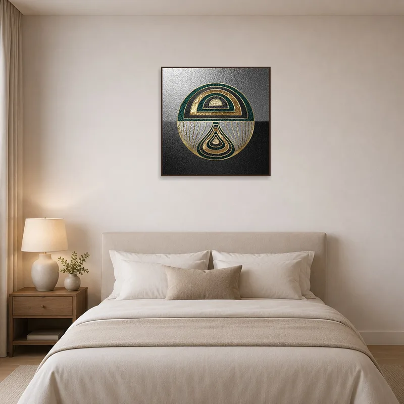 Bedroom showcasing luxurious gold and emerald geometric artwork.