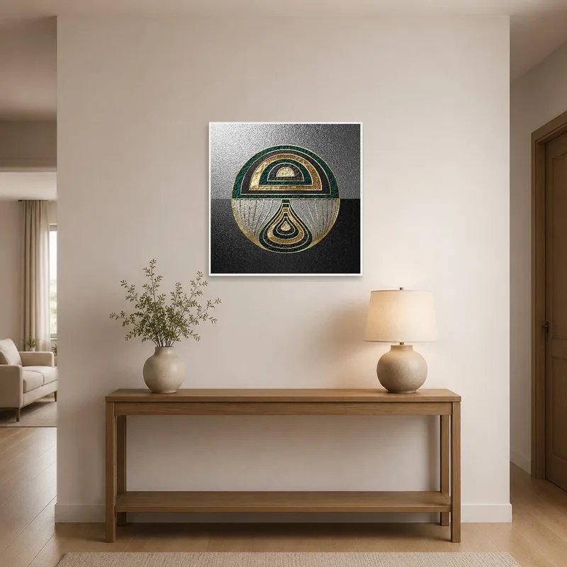 Entrance hall adorned with a gold and emerald geometric piece.