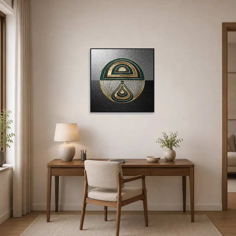 Home office enhanced by a gold and emerald geometric art piece.