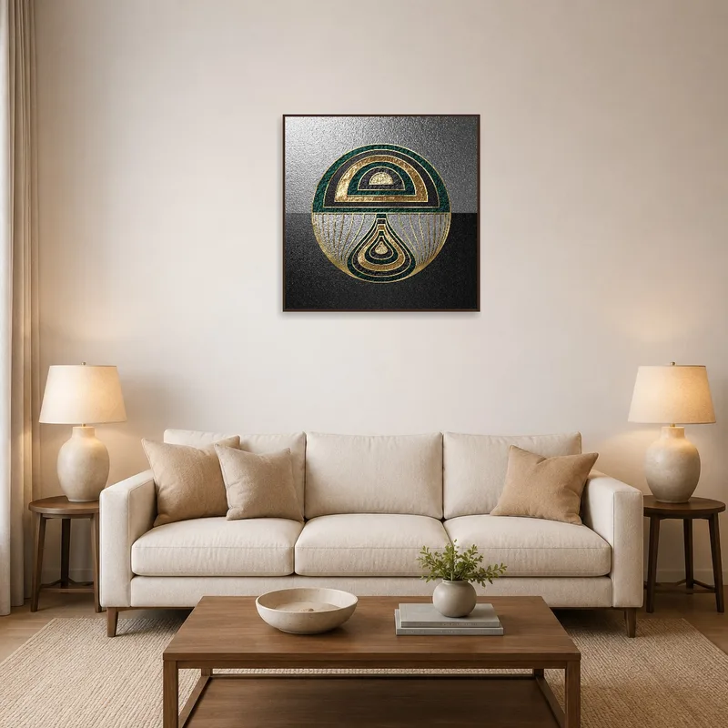 Geometric art with gold and emerald patterns in an elegant living room.