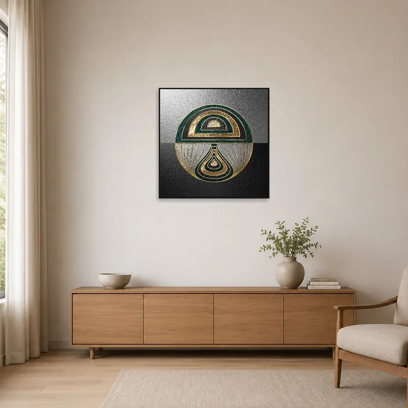 Simplistic room featuring gold and emerald geometric art.