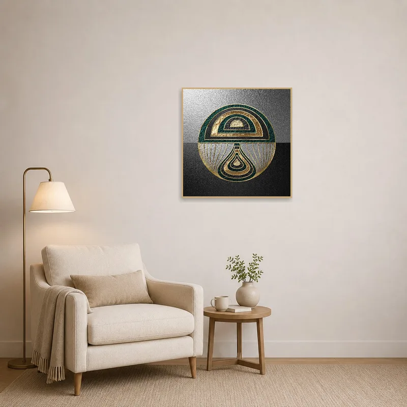 Cozy reading corner with a touch of gold and emerald geometric art.