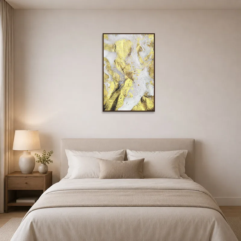 Bedroom wall adorned with a luxurious gold and white abstract artwork above the bed.
