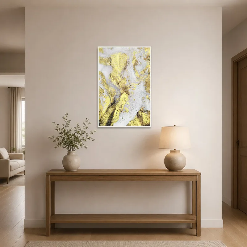 Entrance hall featuring a striking gold and white abstract artwork near the entryway.