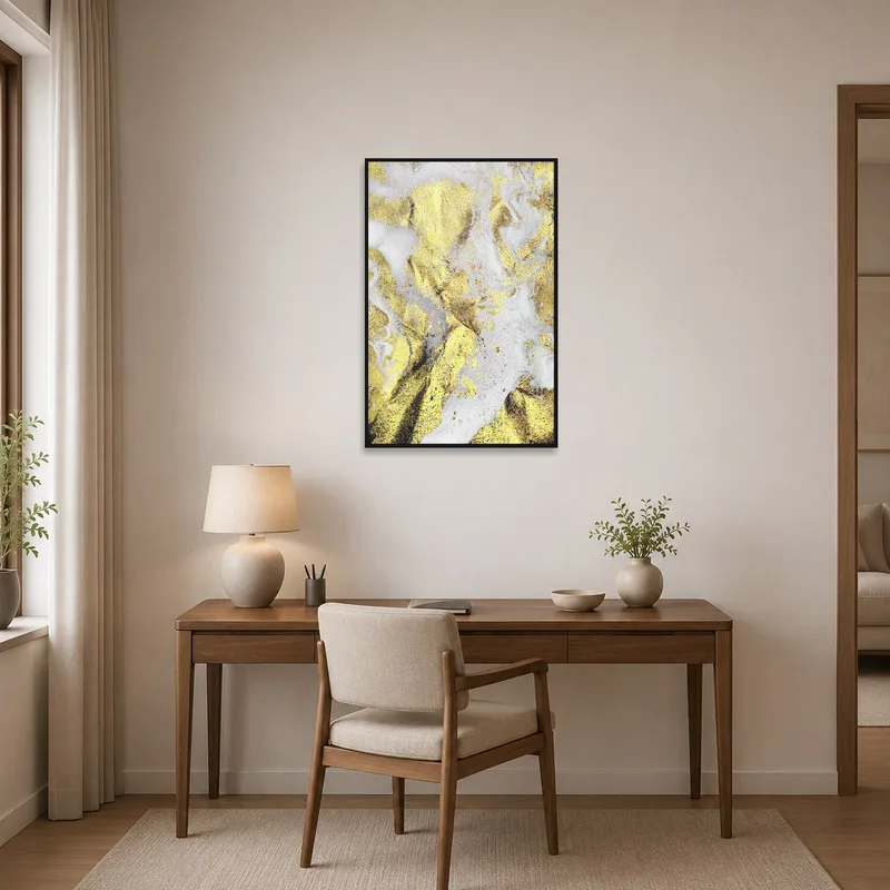 Home office featuring an elegant gold and white abstract artwork above the desk.
