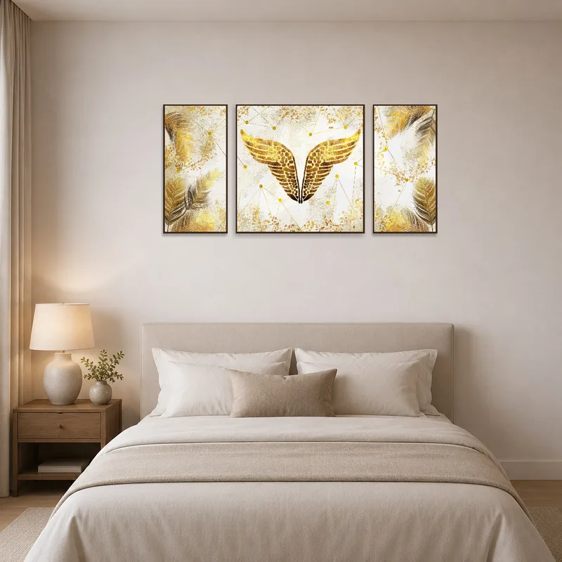 Luxurious gold feather triptych enhancing a serene bedroom atmosphere.