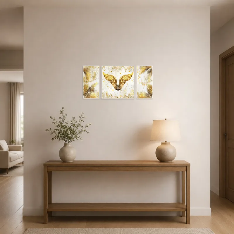Elegant triptych art of gold feathers in a spacious entrance hall.