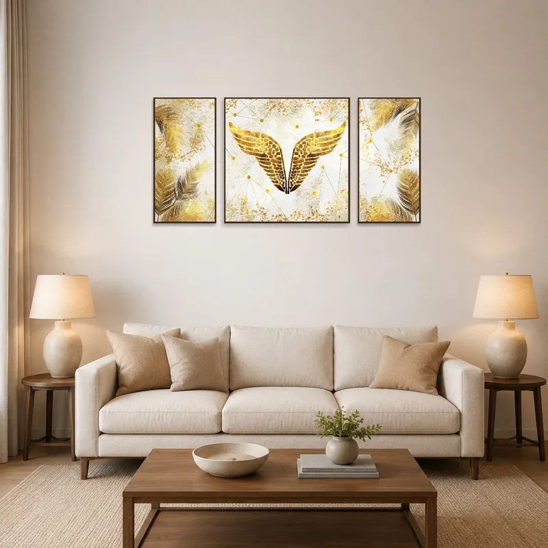 Gold feather and wing triptych displayed in a cozy living room setting.