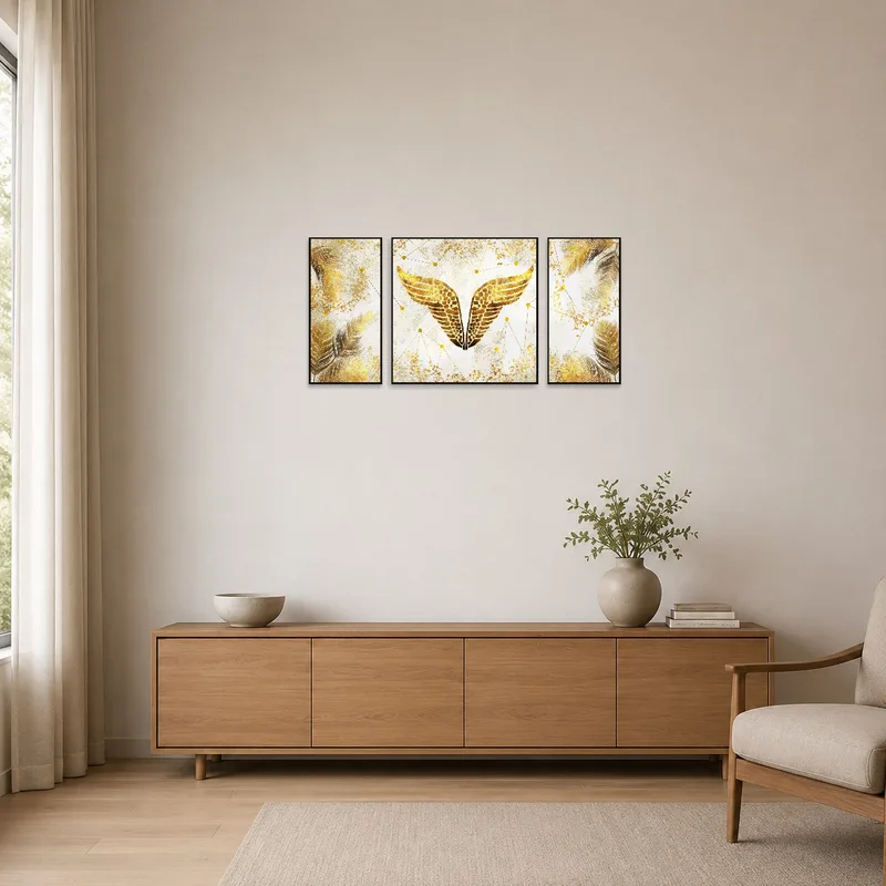 Triptych of gold feathers and wings in a minimalist room decor.