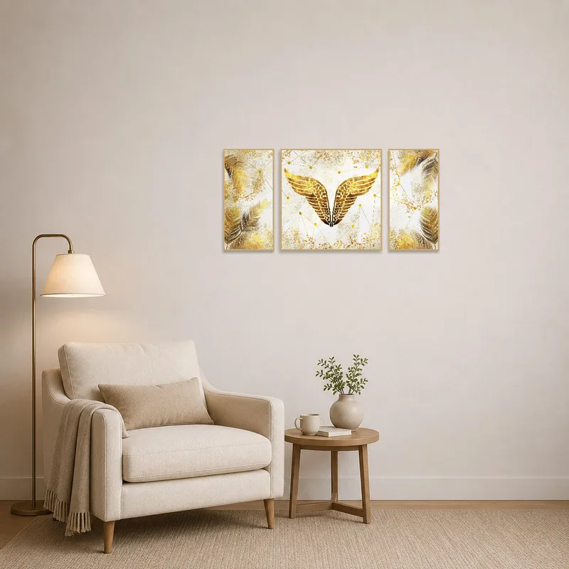 Gold feather and wing triptych adorning a tranquil reading corner.