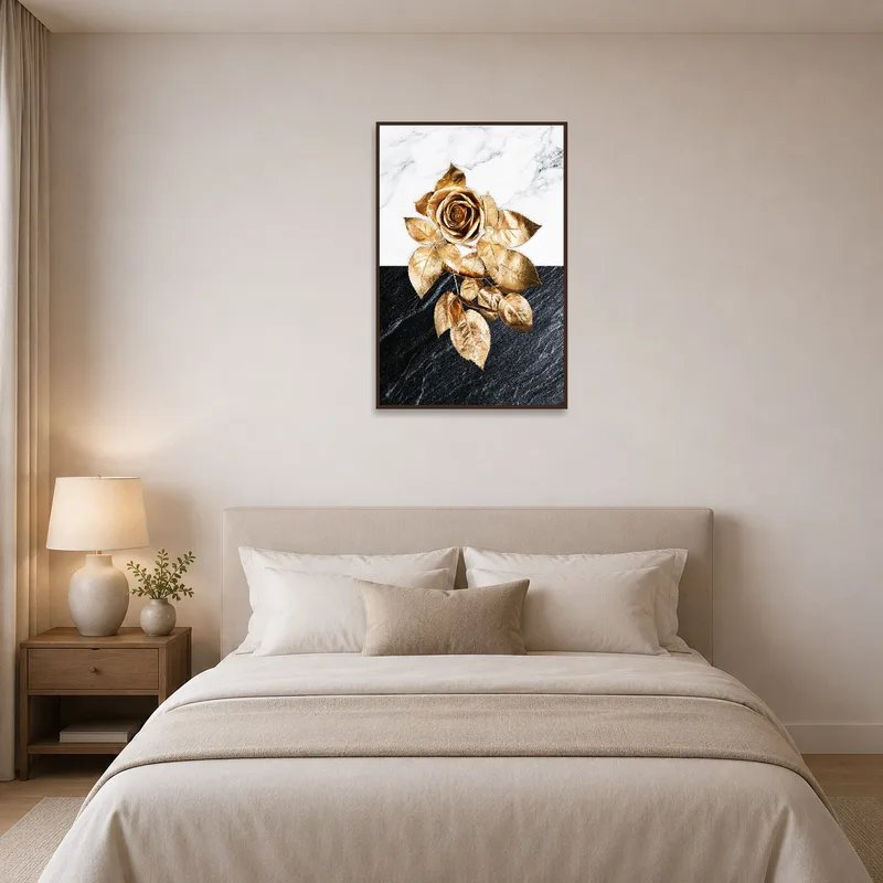 Elegant gold rose art brings opulence to a bedroom wall.
