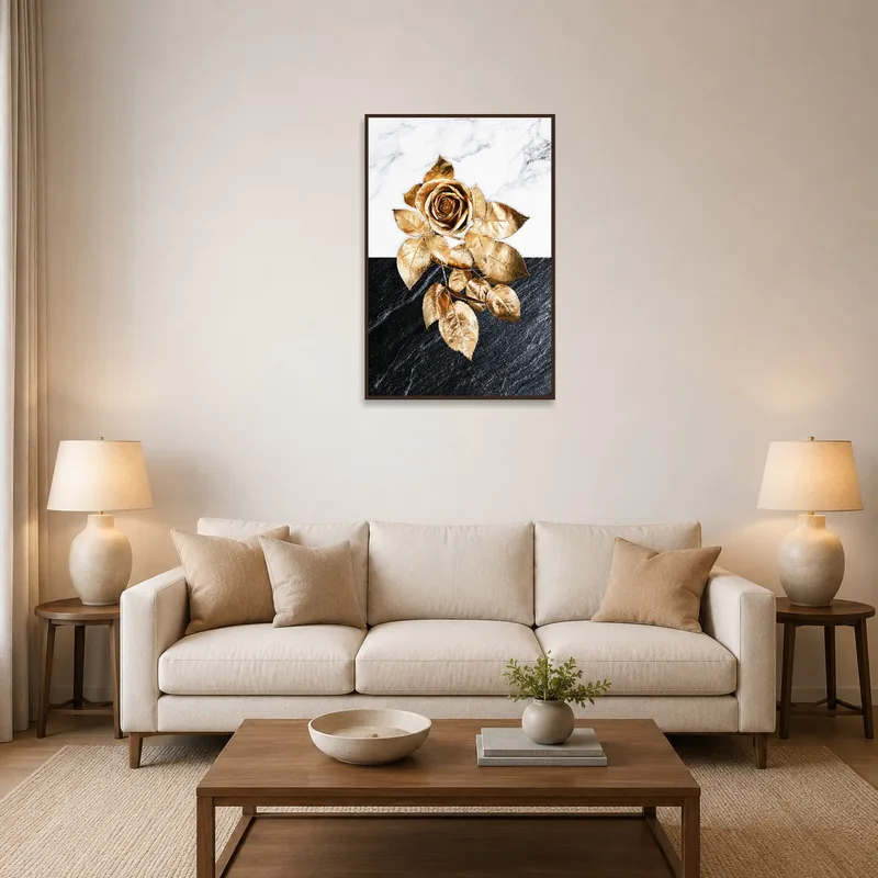 Elegant gold rose art on a marble background in a chic living room setting.