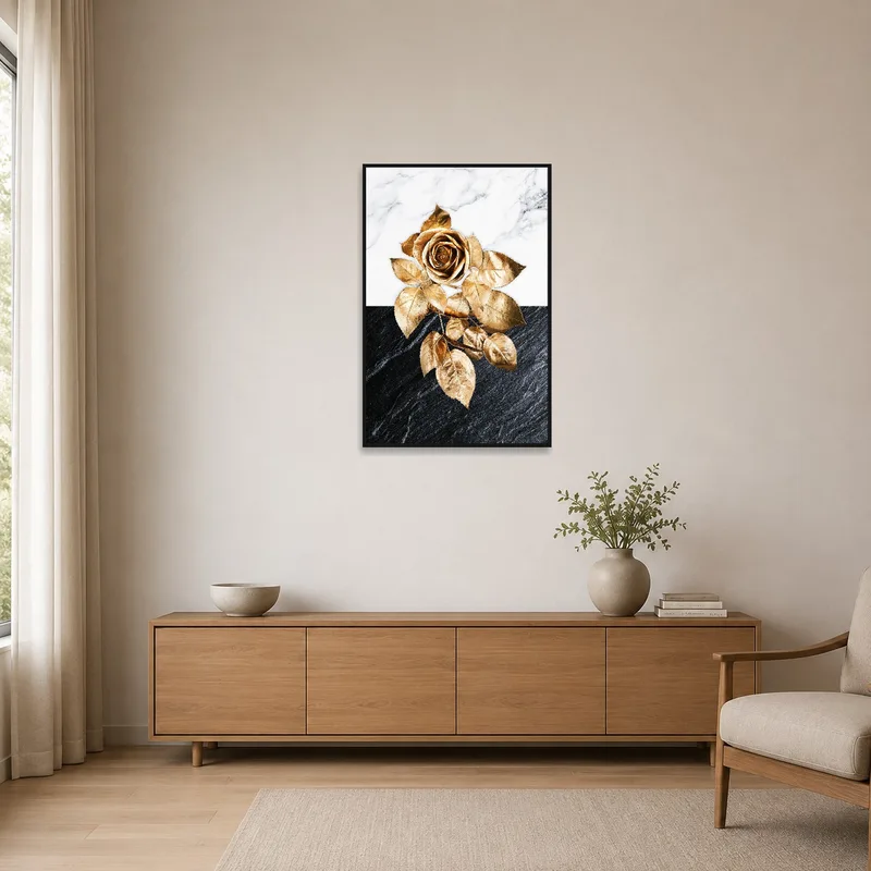 Sophisticated gold rose on slate enhances a minimalist room's aesthetic.