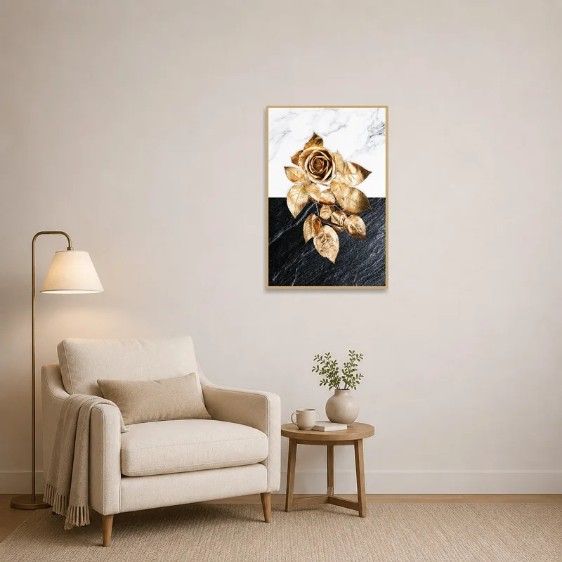 Luxurious gold rose artwork adorns a cozy reading corner.