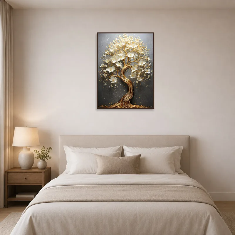 Golden tree blossoms artwork creates a serene atmosphere in the bedroom.