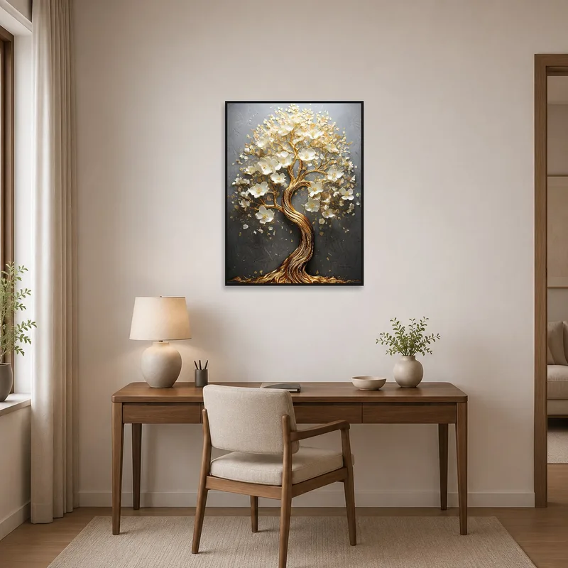 Golden tree art piece brings luxury to a modern home office environment.
