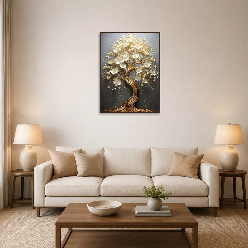 Golden tree artwork elegantly displayed in a chic living room setting.