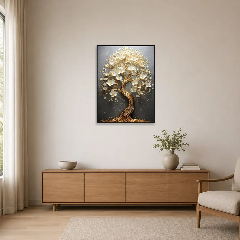 Golden tree art adds charm to a minimalist room with clean lines.