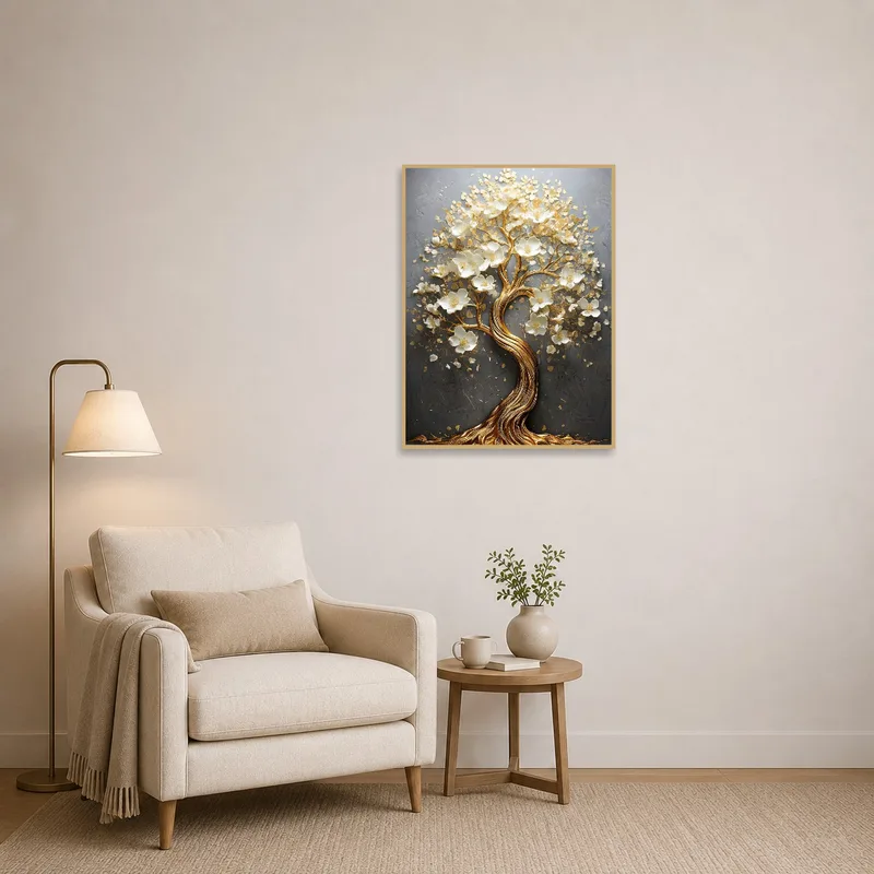 Golden tree artwork provides a calming view in a cozy reading corner.