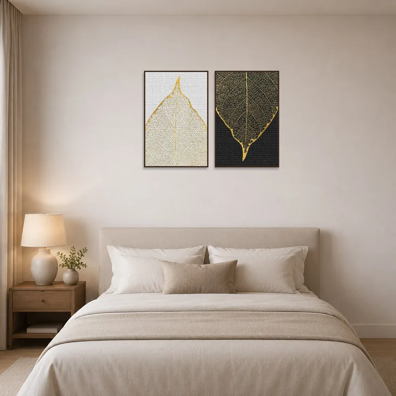 Gold and black leaf vein set enhancing the sophistication of a tranquil bedroom.