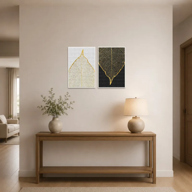 Golden leaf vein piece greeting visitors in an elegant entrance hall.