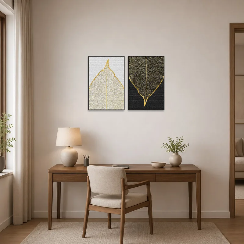 Artistic leaf vein design inspiring creativity in a modern home office.