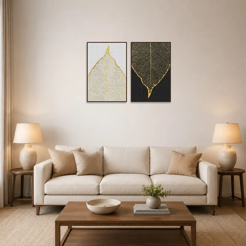Gold and black leaf vein art in a living room with plush seating and warm lighting.