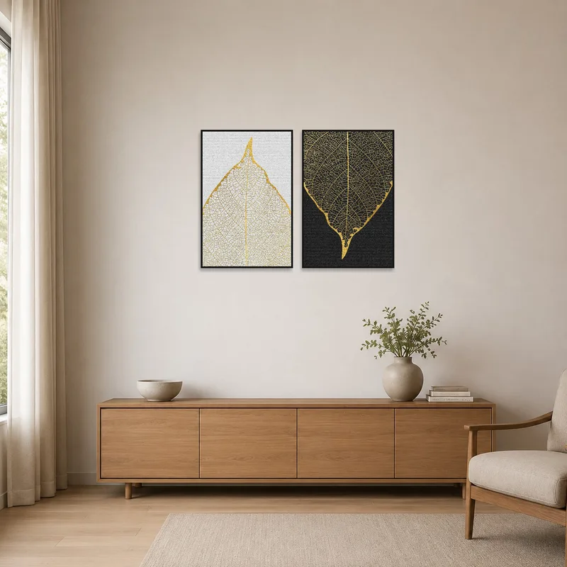 Leaf vein artwork adding elegance to a sleek minimalist space.