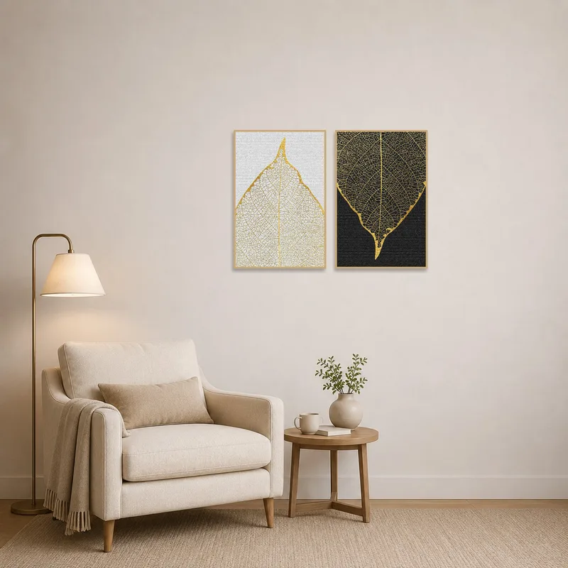 Leaf veins in gold and black bring a touch of luxury to a cozy reading corner.