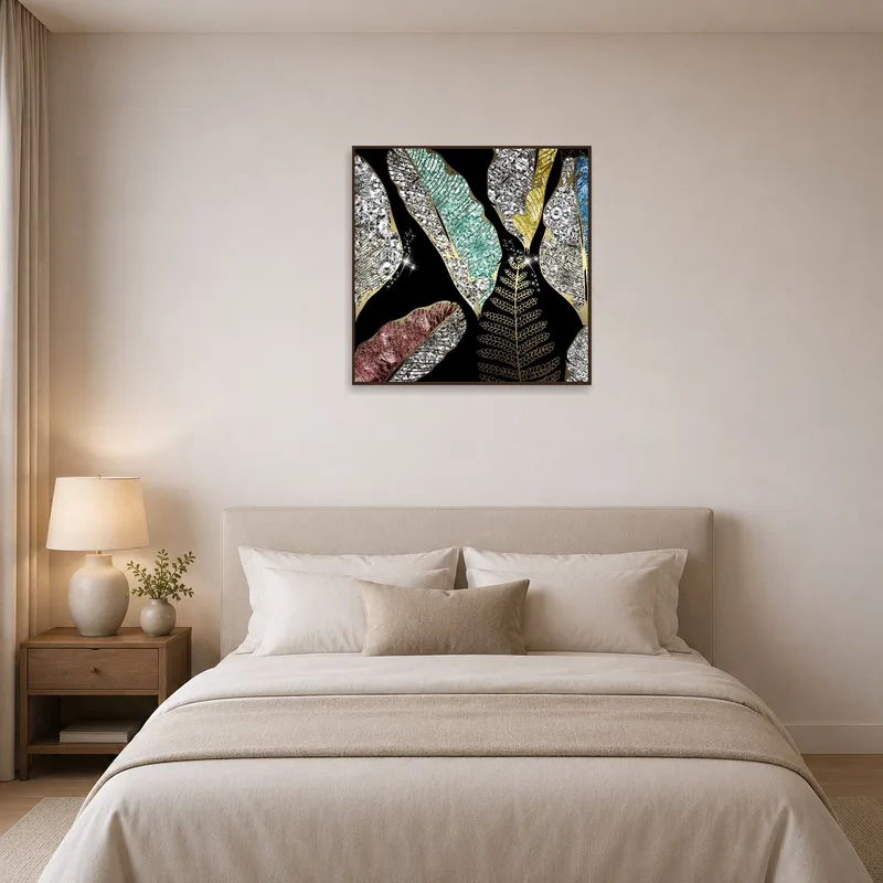 Feathers in bold metallic hues bring luxury to the bedroom decor.