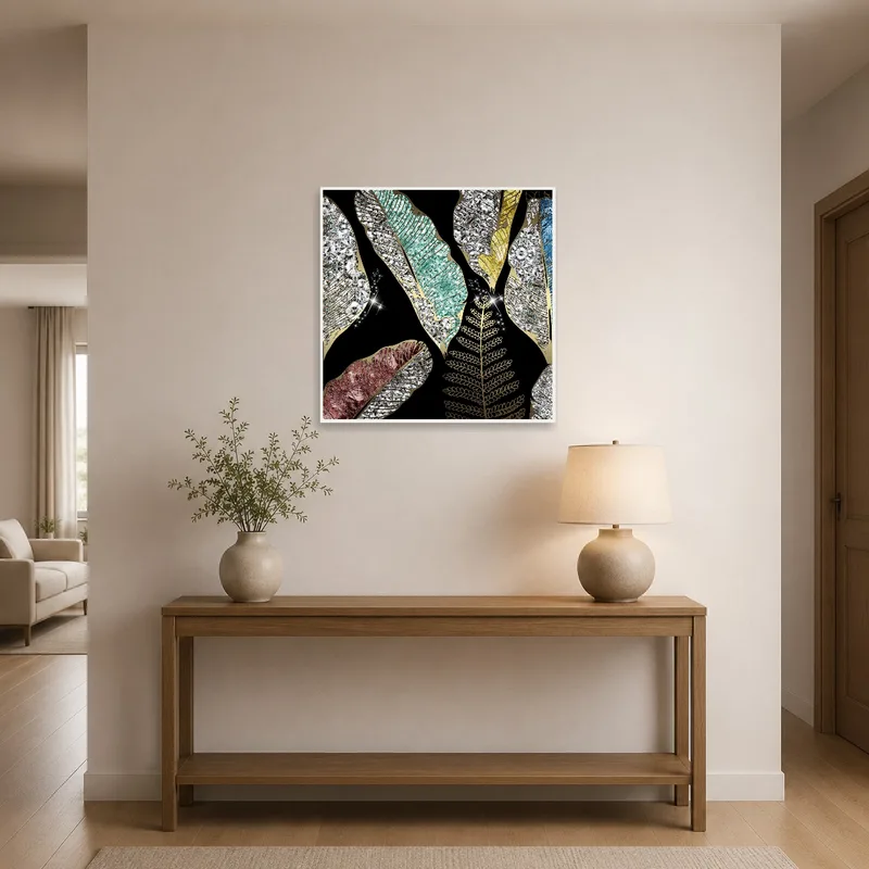 Vivid metallic feather art welcomes visitors in the entrance hall.