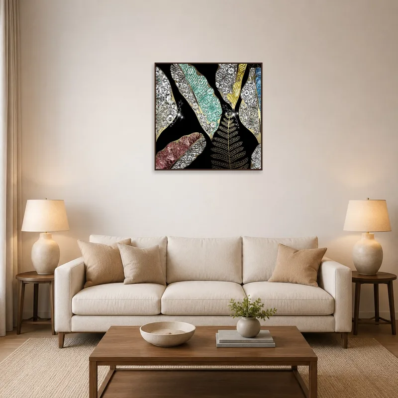 Bold metallic feather art enhances the living room's vibrant atmosphere.