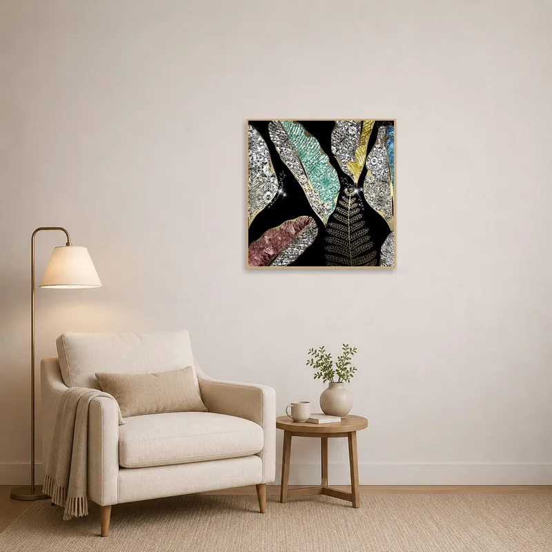 Colorful feather art adds interest to the cozy reading corner.