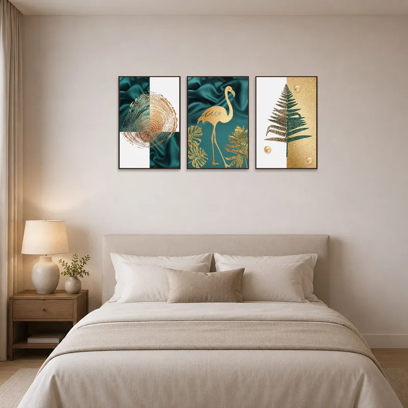 Teal and gold botanical artwork enhances the serene atmosphere in the bedroom.