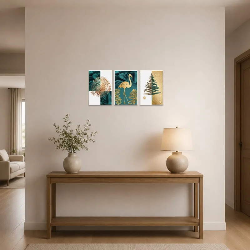 Teal and gold botanical triptych makes a striking impression in the entrance hall.