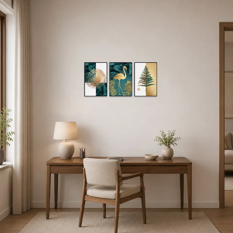 Sophisticated teal and gold botanical triptych elevates the home office space.